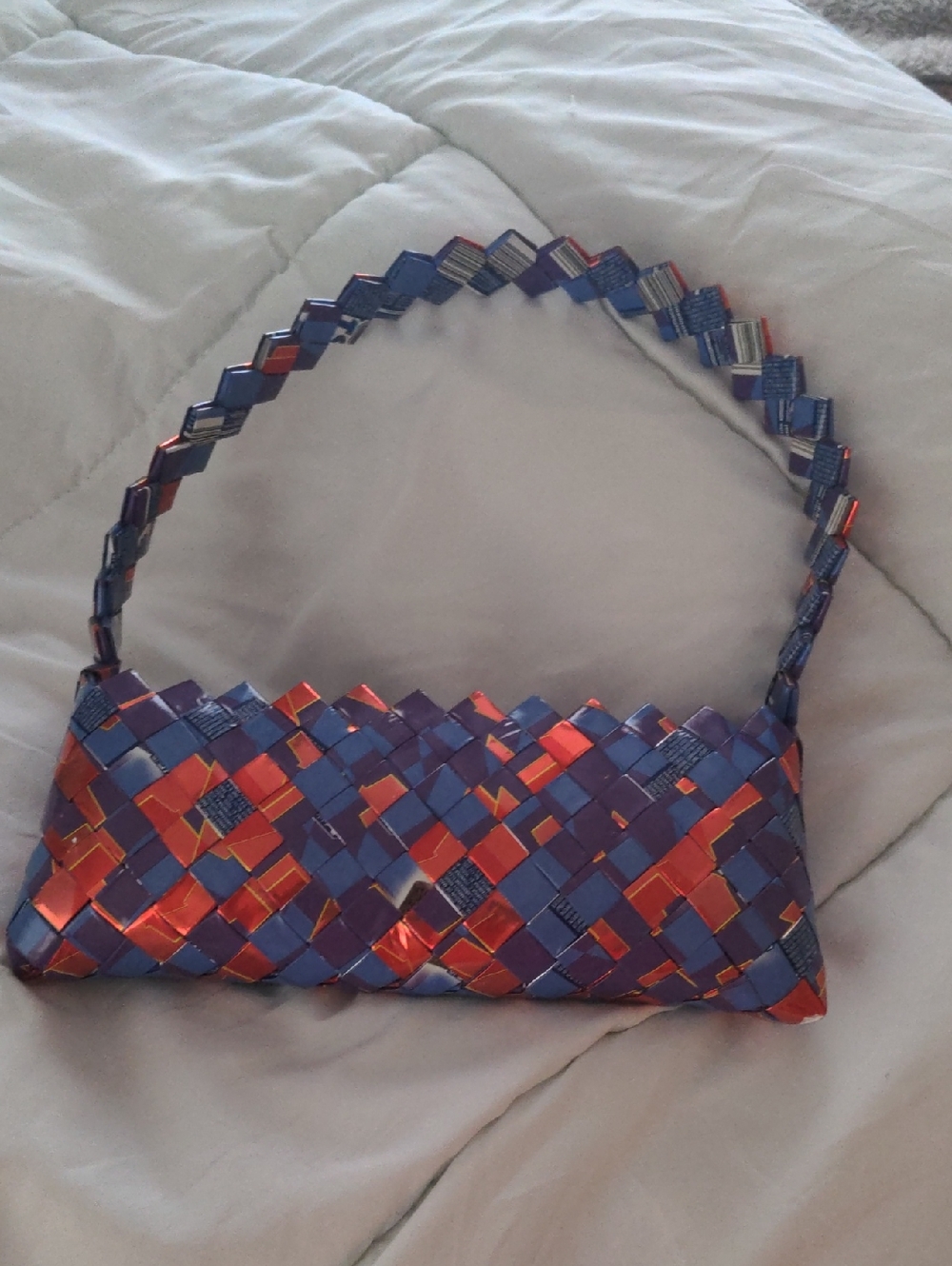 Handwoven Candy Wrapper Purse Blue & Orange Unique Shoulder Bag Made In Mexico - Picture 2 of 6